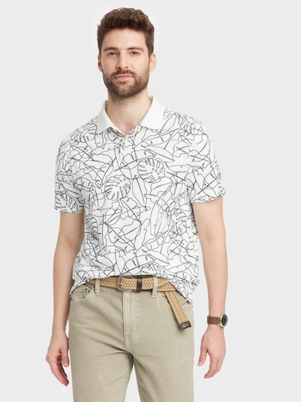 Men's White Graphic Polo Shirt - Casual Printed Short Sleeve